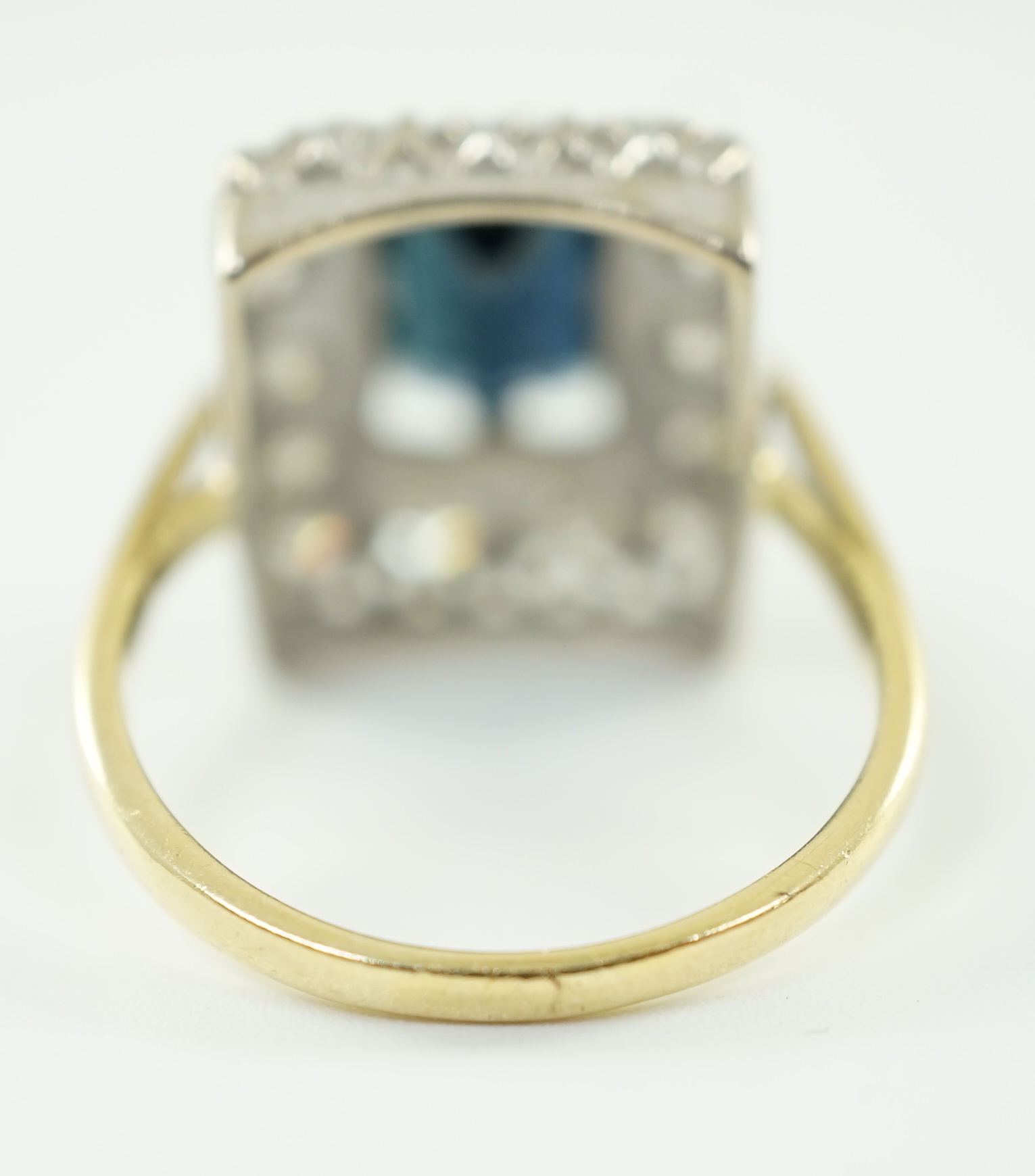 A modern 18ct gold, sapphire and diamond set rectangular cluster ring